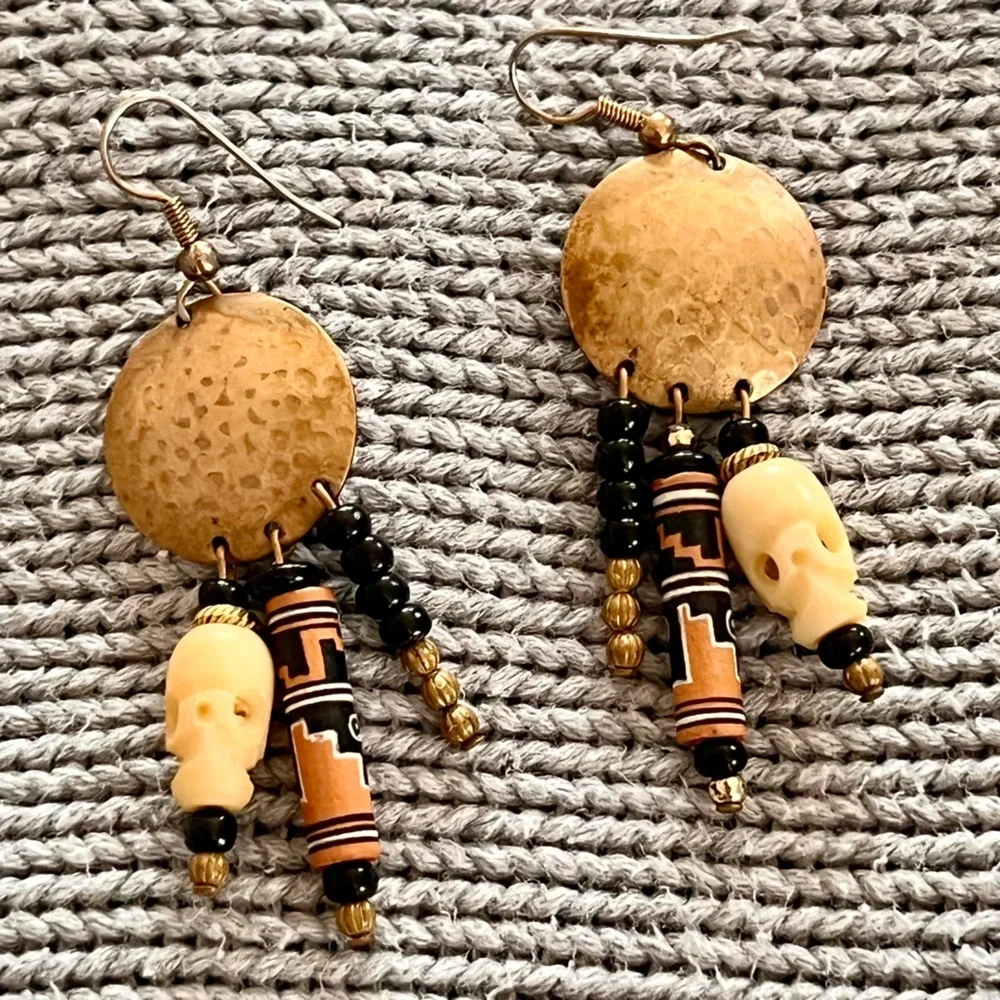 Peruvian Handmade Boho Tribal Skull Dangle Earrings Mixed Media Gold Black